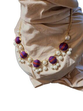 Talbots Statement Faux Pearl Gold Tone Necklace Preppy Fabric Button Beads Chunk